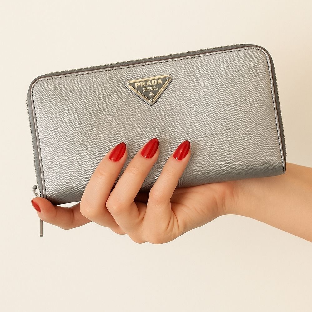 PRADA Metallic Leather Zip Around Wallet